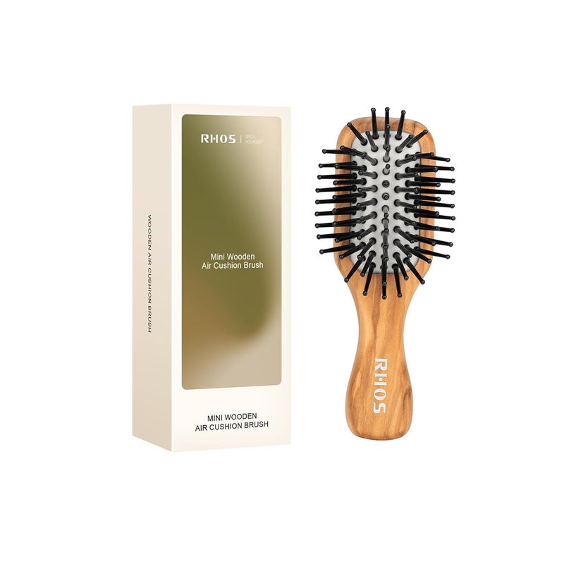 RHOS Mini Hair Brush for Women,Men and Kids-Travel Size Hair Brush for Purse,Pocket,backpack-Small Cushion Paddle Brush with Soft Bristles-Mini Detangler Brush for All Hair Types(1 Pack-Olive Wood) - Image 1